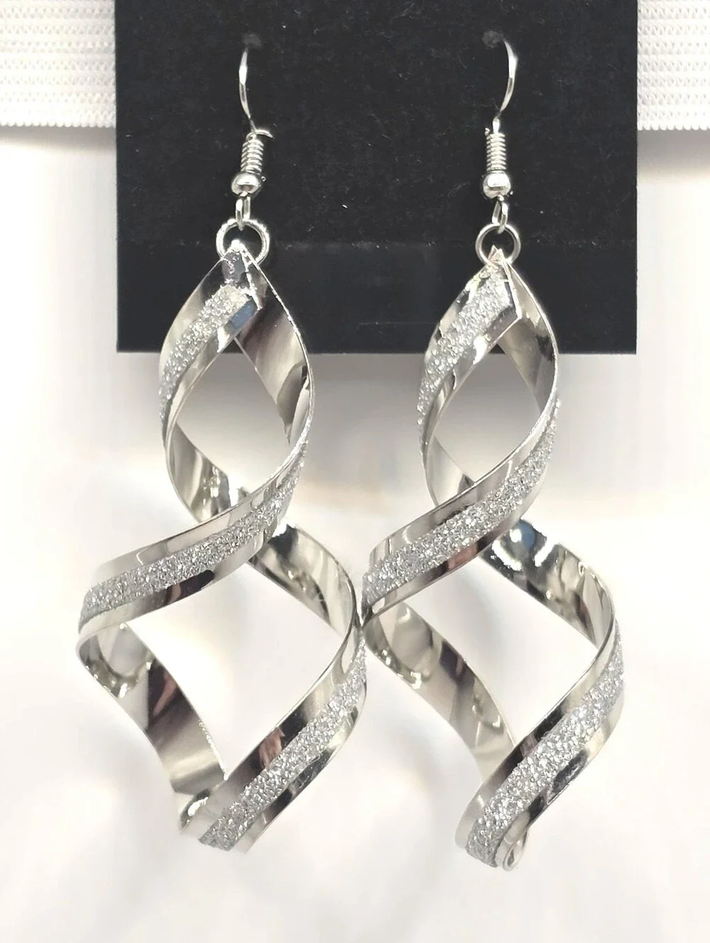 SilverToned Dangle Earrings Lightweight Shiney Textured Twisted Loop
